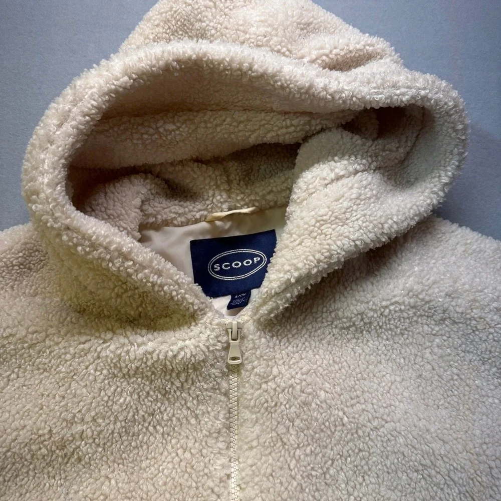Scoop Cream Sherpa Fleece Teddy Bear Jacket Hooded Zip Up Bomber Style Small Y2K - Picture 9 of 10